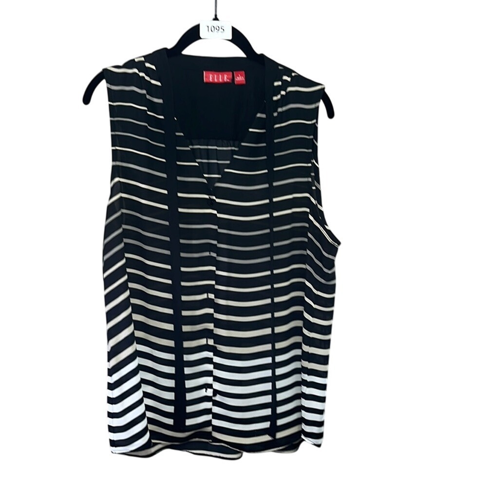 ELLE Women's Sleeveless Blouse Size L Black White Striped Tie‎ Neck